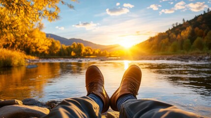 Feet Up by the River at Sunset