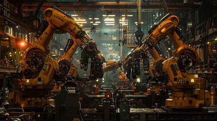 Automated robot arm assembly car parts at line in an automotive factory. automotive production line