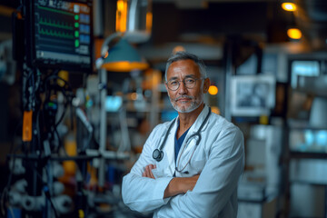 Fototapeta premium Portrait of a calm, determined doctor posing in a modern medical setting, showcasing innovation in healthcare and forward-thinking patient treatment