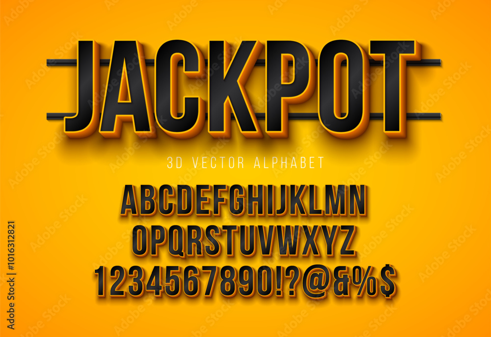 Aufkleber vector 3d black alphabet font set with yellow frame and shadow on holding console background. modern