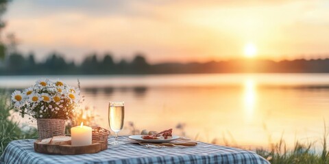A serene lakeside table set with a candle, flowers, and refreshments as the sun sets beautifully over the water.