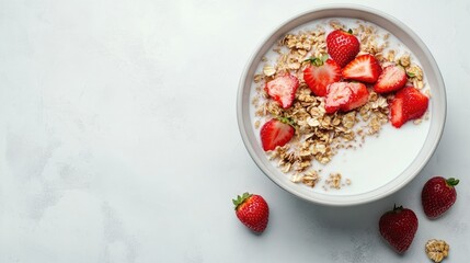 Top-down shot of a muesli bowl with strawberries and milk, centered with blank space around for text.