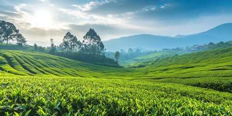 A serene landscape of lush green tea fields under a bright blue sky and soft sunlight, ideal for nature and agriculture themes.