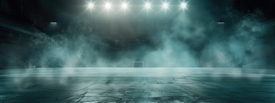 Empty futsal court with artificial lights and smoke at night