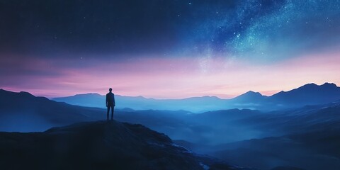 A serene silhouette of a person gazing at the mystical night sky filled with stars over majestic mountains.