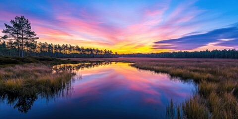 A serene sunset over a tranquil river, surrounded by lush nature and colorful sky, perfect for relaxation and nature lovers.
