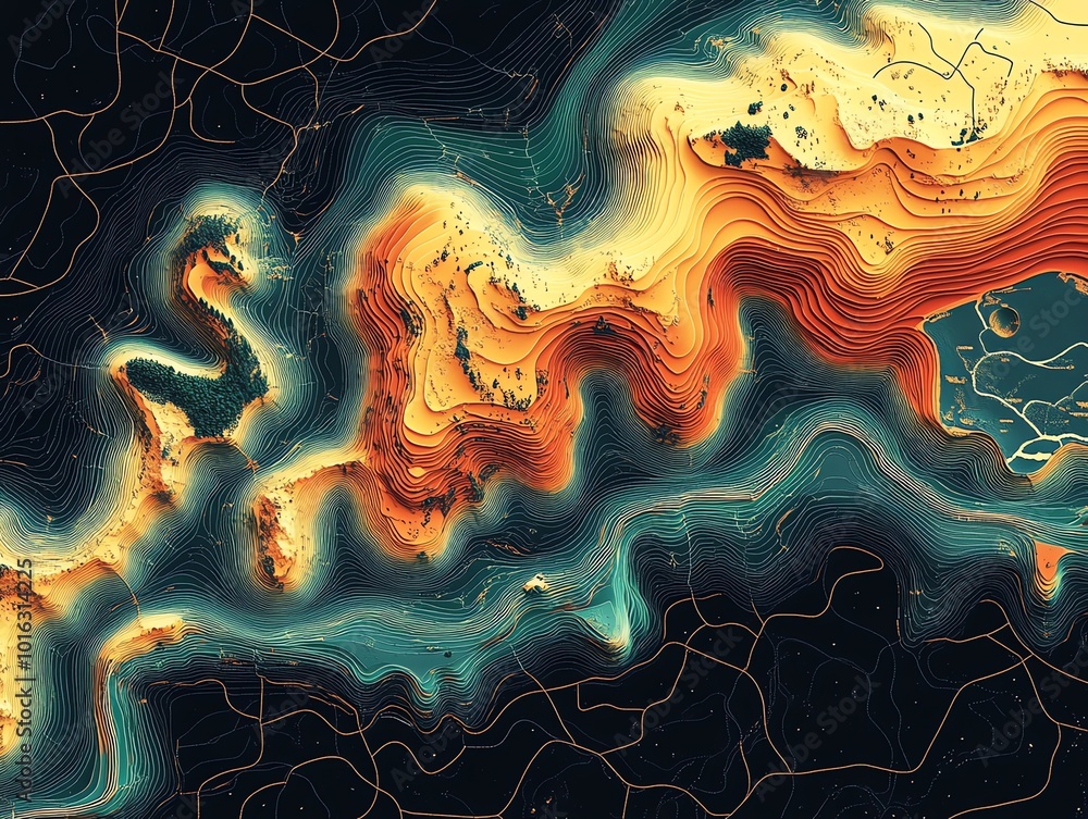 Poster abstract topographic map with flowing lines and vibrant colors, creating a dynamic and artistic repr