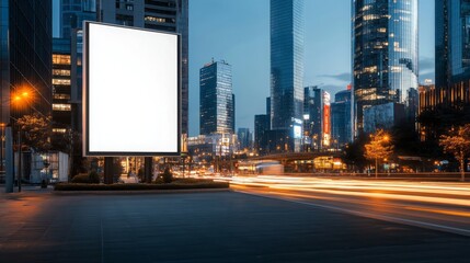 Blank Billboard in Modern Cityscape at Night