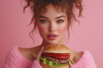 Portrait of a beautiful young woman with hamburger.