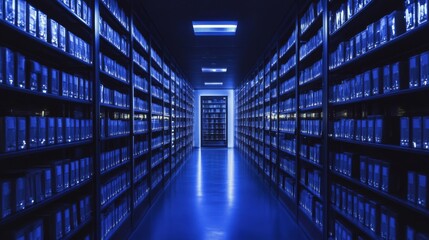 A long hallway lined with shelves full of blue boxes.