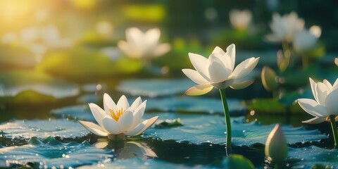 A serene view of white lotus flowers blooming on tranquil water, illuminated by warm sunlight. Perfect for nature and relaxation themes.