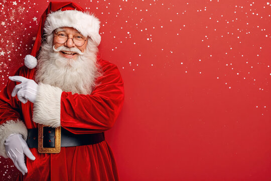 Santa claus pointing on red background with copy space