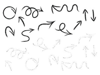 Set of black hand drawn grunge doodle spiral and curved charcoal, chalk arrows on white background.