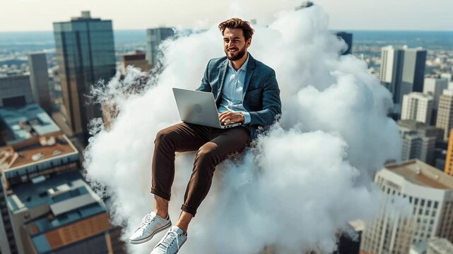 person on the city, guy sitting on cloud with laptop, work for pleasure, online work, work for joy