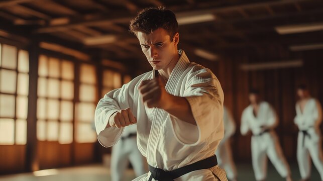 A man in a white karate uniform performs a karate move.