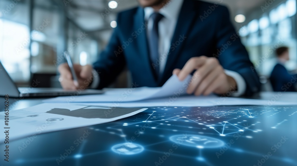 Poster businessman working on a project, focusing on a digital network overlay on the desk.