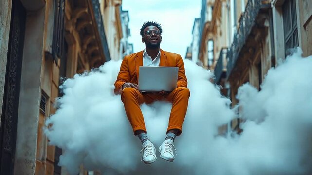 person in the city, man in suit on cloud with laptop, work for pleasure, online work, work for joy