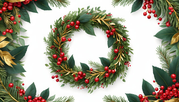 Christmas wreath decorated with red berries and greenery on white background for festive occasions