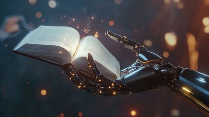 Real robots hand with ancient Bible book Concepts of artificial intelligence development and machine learning : Generative AI
