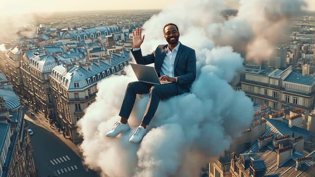 guy with laptop waving hand sitting on cloud, city, work for pleasure, online work, work for fun, person in a city
