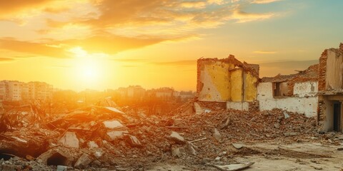Fototapeta premium A stunning sunset illuminates the ruins of a demolished building, contrasting nature's beauty with human destruction.