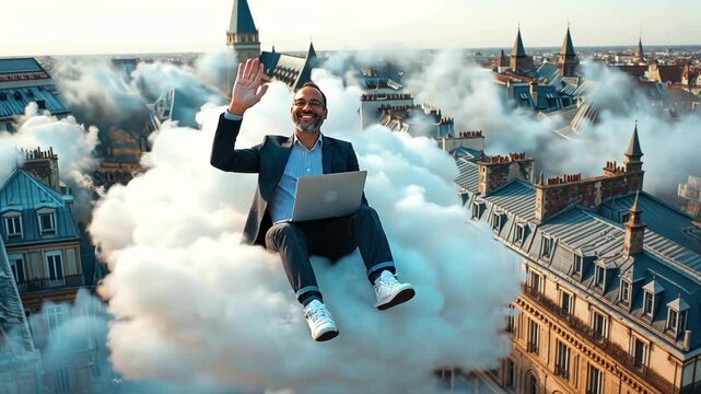 person in the city, guy with laptop waving hand sitting on cloud, work for pleasure, online work, work for fun
