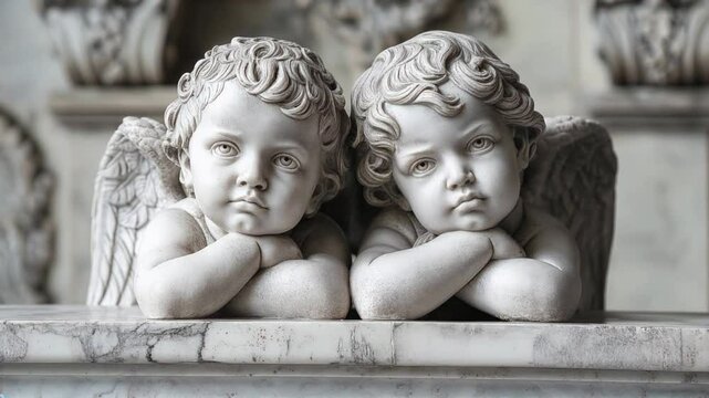 Two cherubic statues rest their heads on their hands, exuding innocence and tranquility. The finely detailed marble figures symbolize peace and harmony.