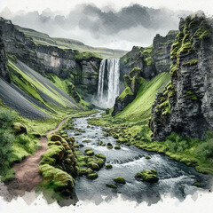 A Waterfall tumbling down moss-covered cliffs. A winding trail leads through the rugged, green terrain to the waterfall’s base, while a clear river flows beneath overcast skies, highlighting