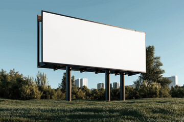 Fototapeta premium A large blank billboard standing on metal poles in a grassy area with trees and city buildings in the background under a clear blue sky.