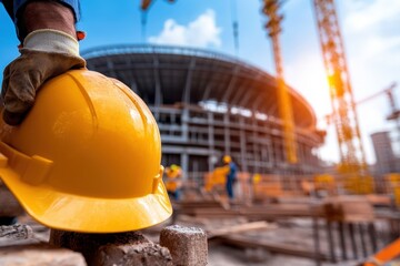 A construction worker holds a yellow helmet against a sunrise-lit backdrop of an unfinished stadium, symbolizing development and hard work at a construction site.