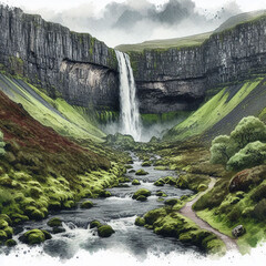 A Waterfall tumbling down moss-covered cliffs. A winding trail leads through the rugged, green terrain to the waterfall’s base, while a clear river flows beneath overcast skies, highlighting