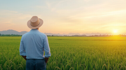 A man in straw hat stands in lush green rice field, gazing at sunset over mountains. serene landscape evokes sense of peace and connection to nature