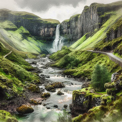 A Waterfall tumbling down moss-covered cliffs. A winding trail leads through the rugged, green terrain to the waterfall’s base, while a clear river flows beneath overcast skies, highlighting