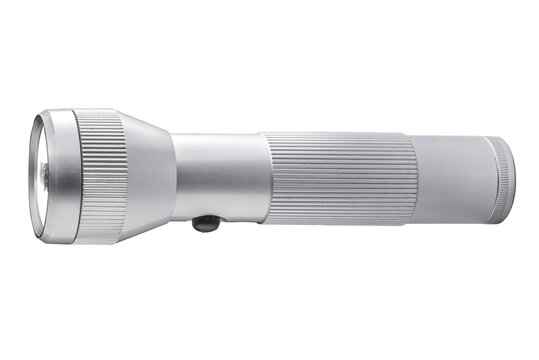 Aluminum metal LED flashlight. Portable flashlight isolated