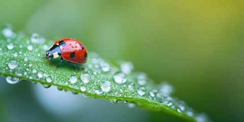 Obraz premium A vibrant ladybug resting on a green leaf adorned with droplets of water, capturing the beauty of nature in close-up.