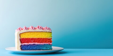 A vibrant rainbow cake with colorful layers and pink frosting, perfect for celebrations and dessert photography.