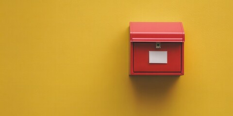 A vibrant red mailbox mounted against a bright yellow wall, perfect for conveying messages of color and creativity.