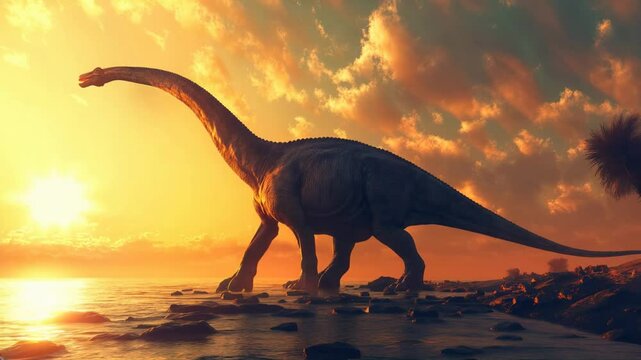 Large dinosaur walks along a beach at sunset, framed by a dramatic sky. This scene conveys a sense of grandeur and the timelessness of nature.