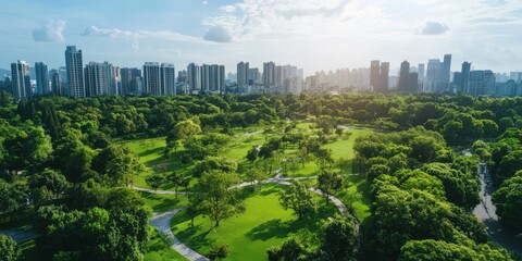 Aerial view of a vast park with lush greenery and walking paths surrounded by a bustling city skyline under a clear blue sky.