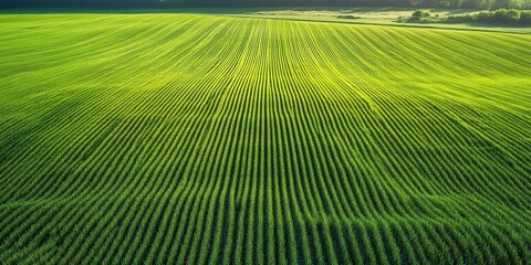 Aerial view of a vast green field showcasing neat rows of crops under a clear blue sky, emphasizing agricultural beauty.