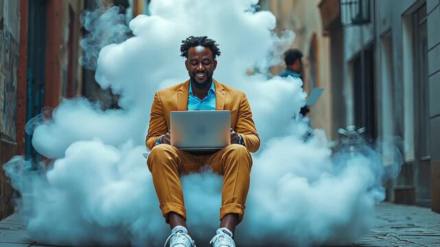 portrait of a person in the city, work online, favorite work, comfortable work, pleasure, easy work