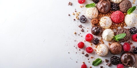 Fototapeta premium An assortment of delicious chocolates and berries arranged beautifully on a white surface, perfect for dessert lovers and food photography.