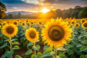Obraz premium Sunflowers in field under glowing sunset