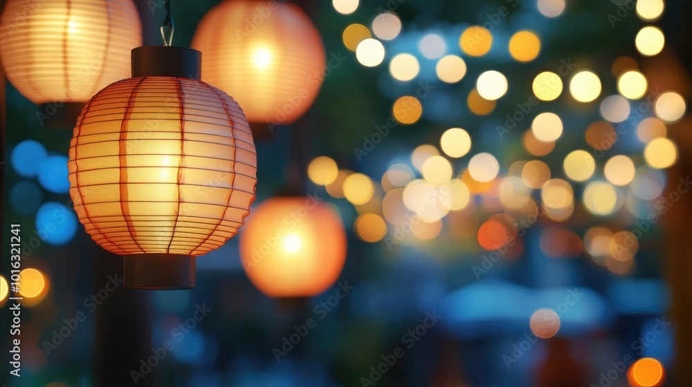 Poster preparation for festive celebration with holiday lights and lanterns in the evening with blurred background