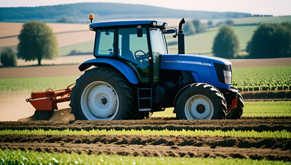 Obraz premium blue tractor field sunny day farming countryside crop harvesting rural village life focused agronomy cultivation