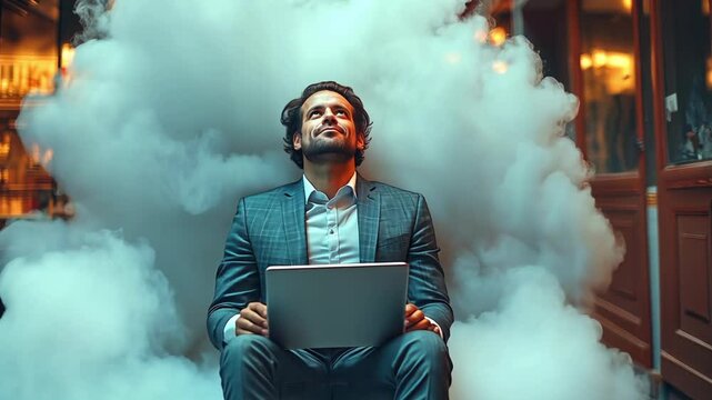 portrait of a man with a smoke, man works on tablet sitting on cloud work for pleasure, work online