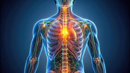 Illuminated 3D model of the human torso from the back, showcasing the intricate network of organs, including the lungs, liver, kidneys, and spinal cord.
