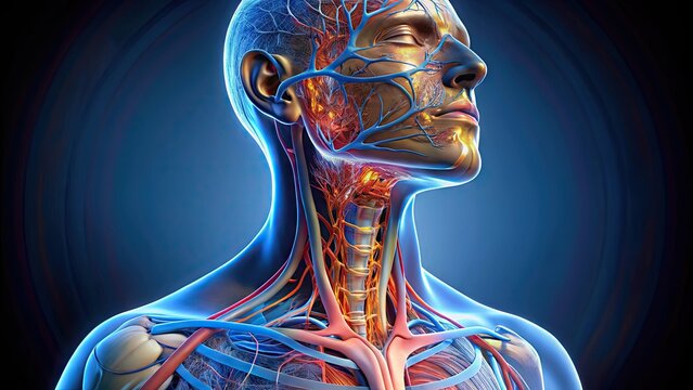 Illuminated 3D model of the human neck anatomy showcasing cervical vertebrae, trachea, esophagus, carotid arteries, and jugular veins in precise and detailed illustration.