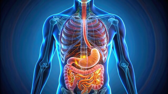 Illuminated 3D rendering of the human stomach, showcasing its anatomical structure, layers, and digestive system, with vibrant colors and intricate details.