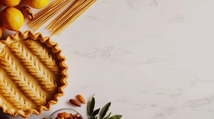 Freshly baked pie with ingredients on a marble background.